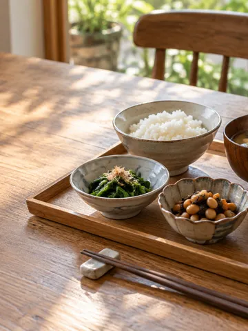 食卓に並ぶ三つの小鉢とご飯、汁物