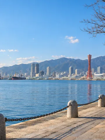 晴れた元日の神戸港と六甲の山並み