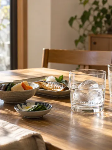 ロックと水割りのグラスと小皿料理