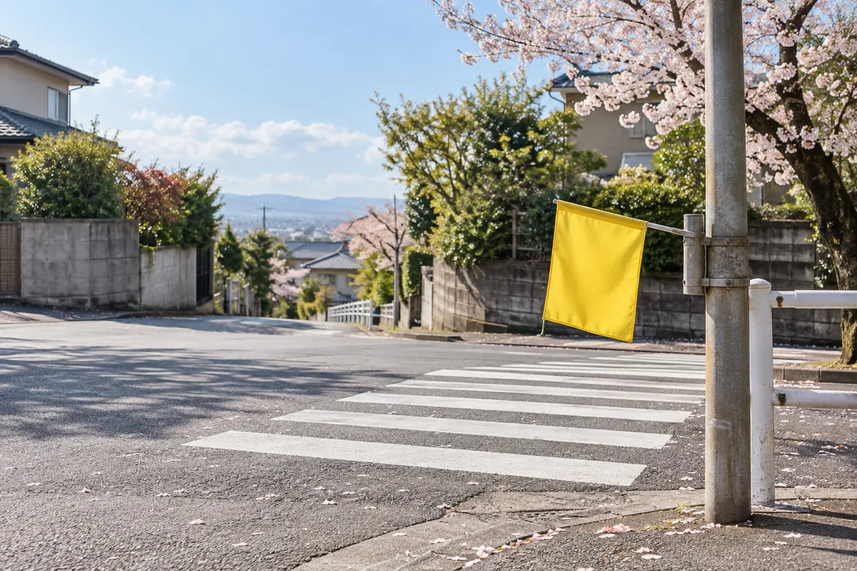桜の季節の横断歩道脇に立つ黄色い横断旗