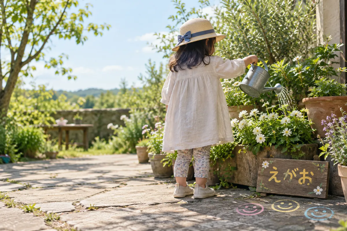 「えがお」の札が立つ庭で水やりをする子どもの後ろ姿