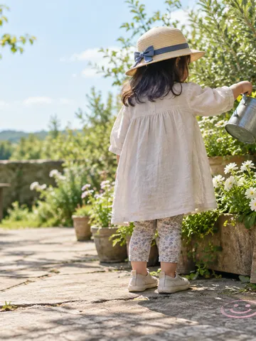 「えがお」の札が立つ庭で水やりをする子どもの後ろ姿