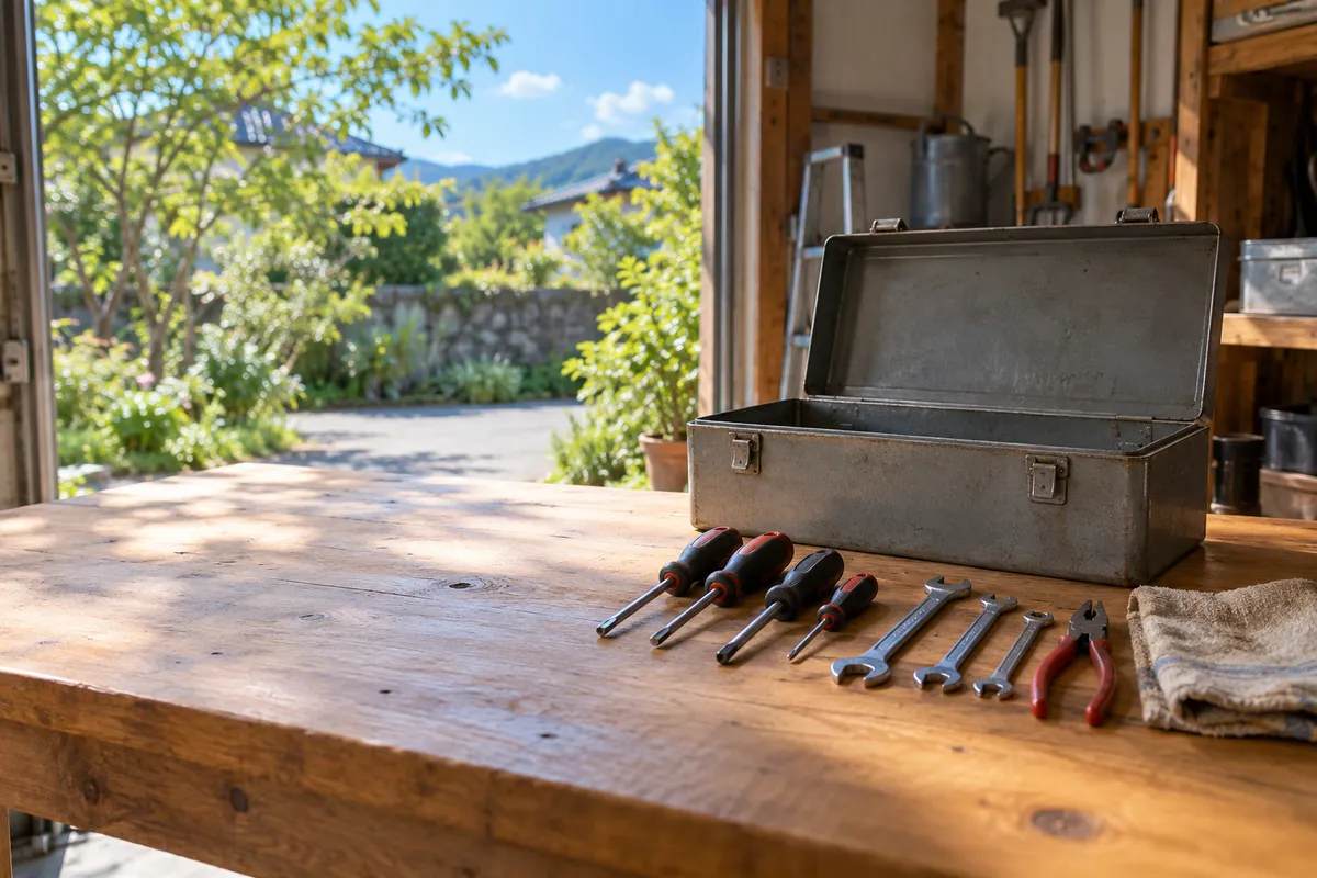 日なたの作業台に並ぶ工具箱とドライバーやレンチ