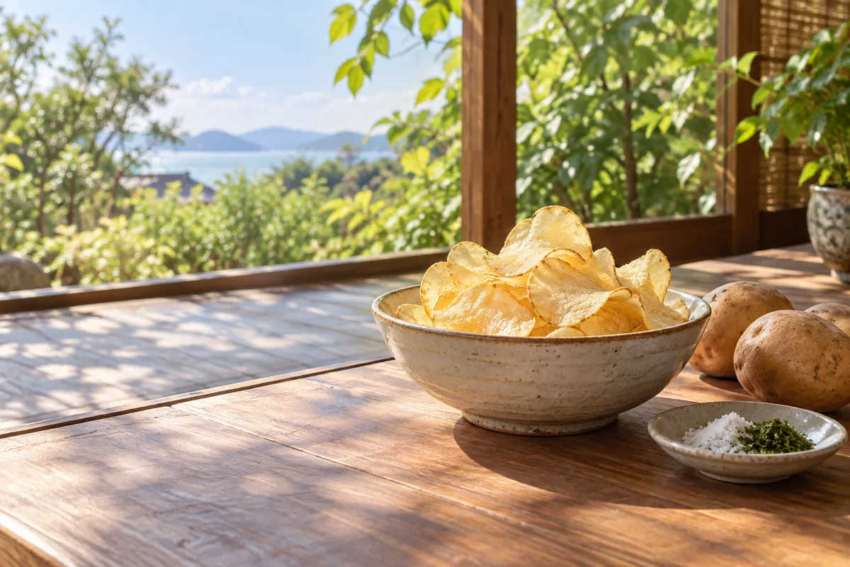 縁側の器に盛ったポテトチップスと青のりの塩