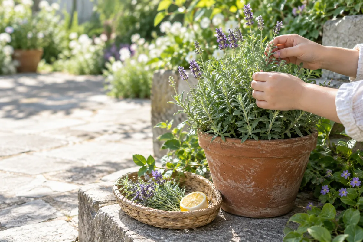 日なたでハーブの葉に触れる子どもの手