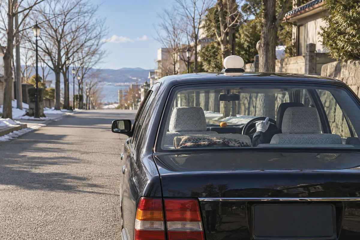 冬の晴れた日、後部座席から見たタクシーの運転席と手元
