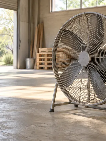 明るい作業場に置かれた大きな業務用扇風機