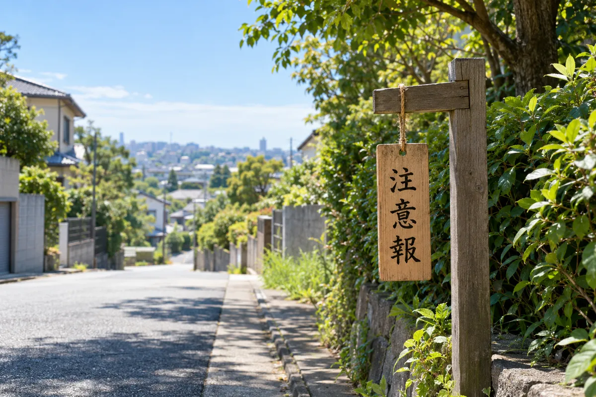 夏の昼の住宅街と「注意報」と書かれた木の札