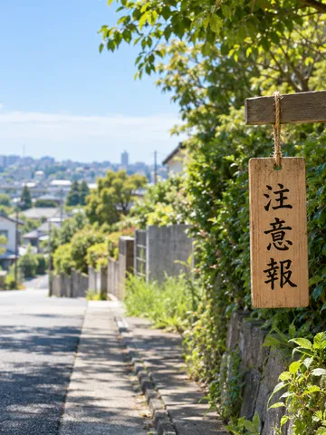 夏の昼の住宅街と「注意報」と書かれた木の札
