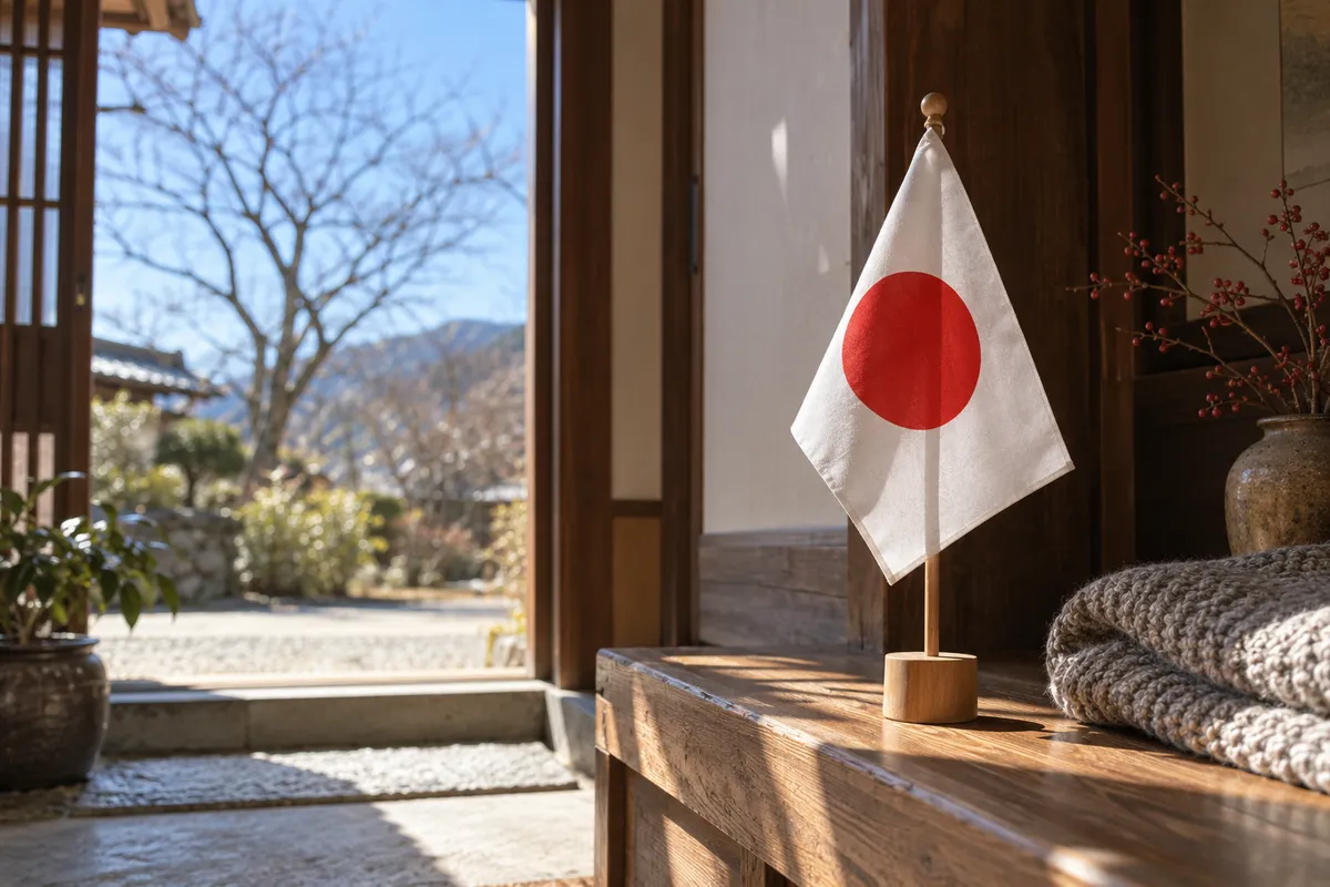 晴れた冬の昼、玄関先に立てた日の丸の小旗
