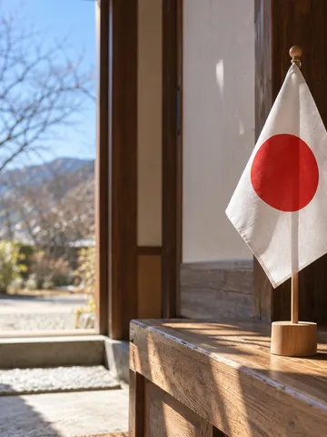 晴れた冬の昼、玄関先に立てた日の丸の小旗
