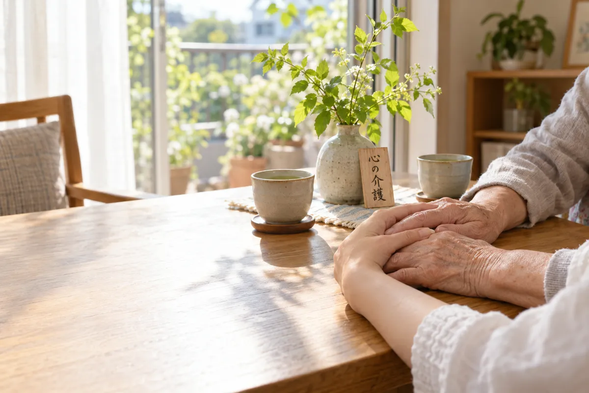 高齢の手と若い手が重なる、日なたの居間のお茶の席