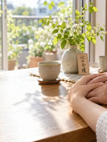 高齢の手と若い手が重なる、日なたの居間のお茶の席