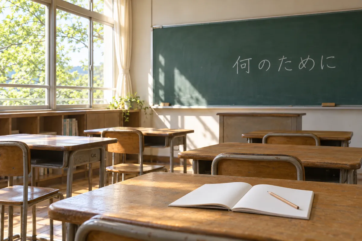 日の差す教室の黒板に「何のために」と書かれた様子