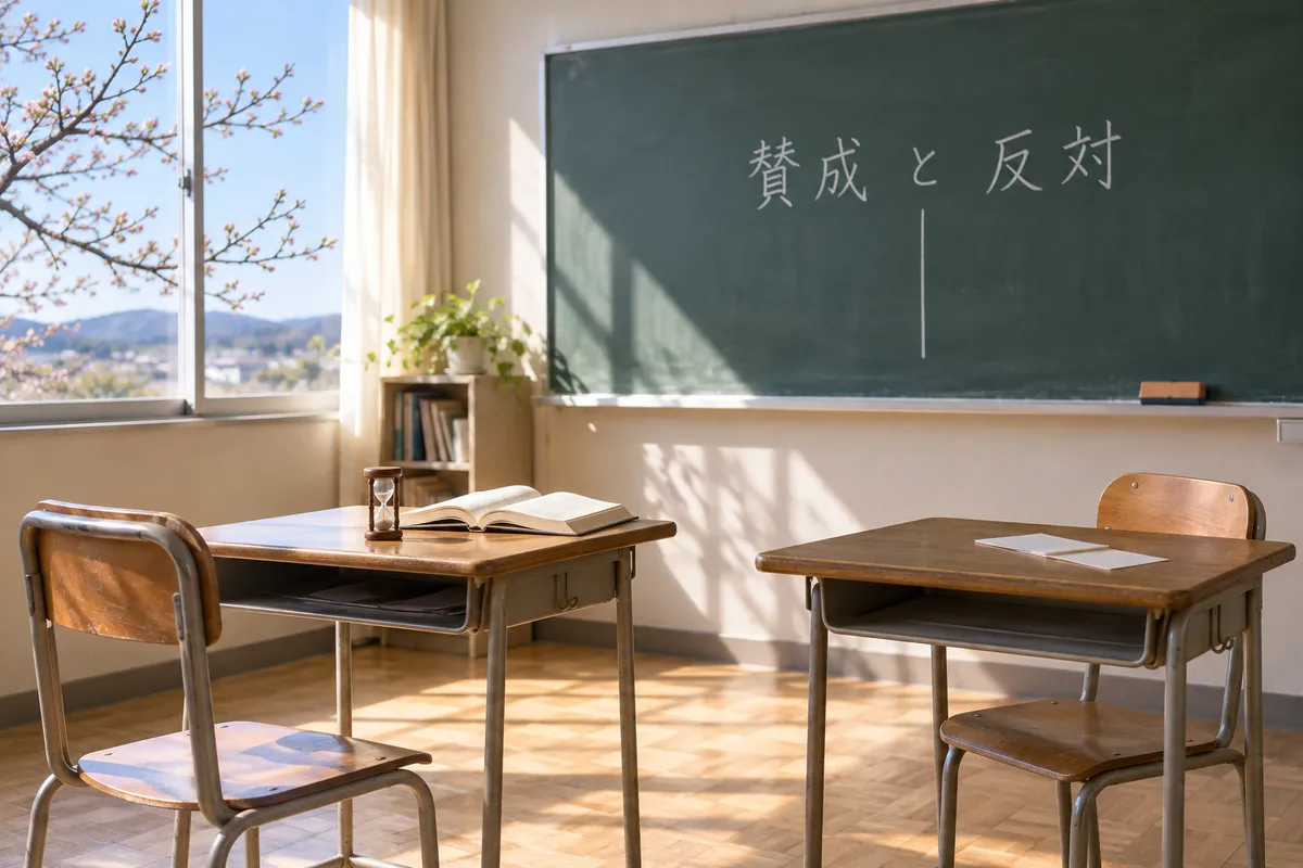 黒板に「賛成と反対」と書かれた教室と向かい合う机