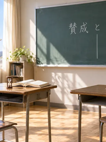 黒板に「賛成と反対」と書かれた教室と向かい合う机