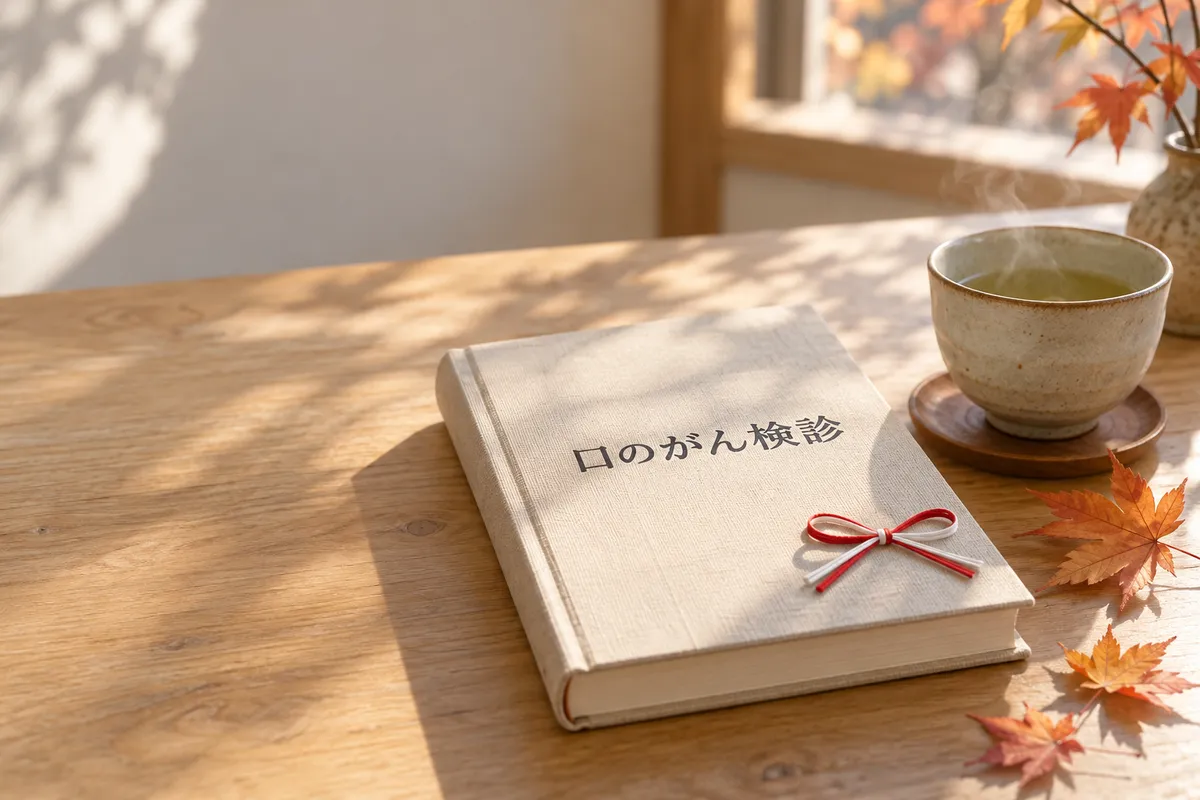 赤と白のリボンを添えた「口のがん検診」の本と湯気の立つお茶
