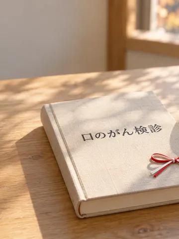 赤と白のリボンを添えた「口のがん検診」の本と湯気の立つお茶