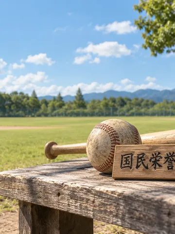 木の札と野球ボールとバットが置かれたベンチ
