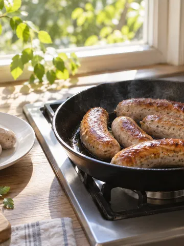 フライパンで焼くあらびきソーセージと、ゆでたソーセージの皿