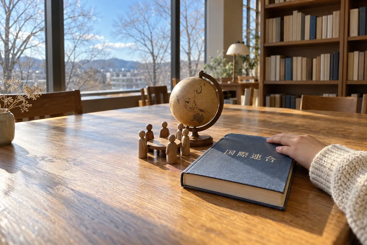 地球儀と木の人形、「国際連合」と書かれた本