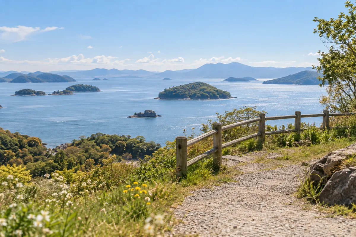 日なたの遊歩道から眺める穏やかな島々の海