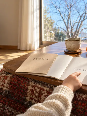 こたつの上の「ことばのノート」とみかん