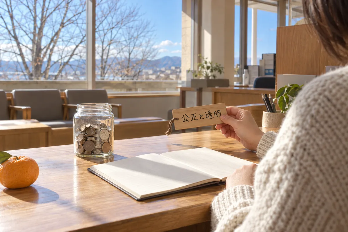 「公正と透明」と書かれた木の札と帳簿、冬の日差し