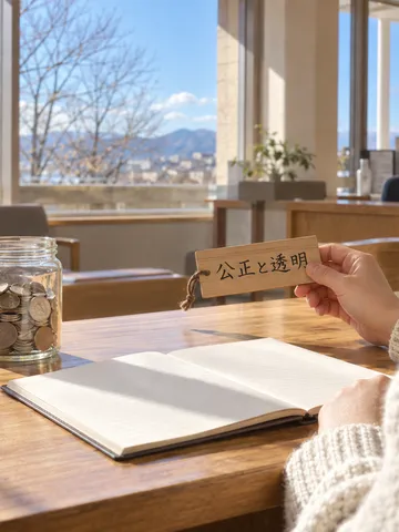 「公正と透明」と書かれた木の札と帳簿、冬の日差し