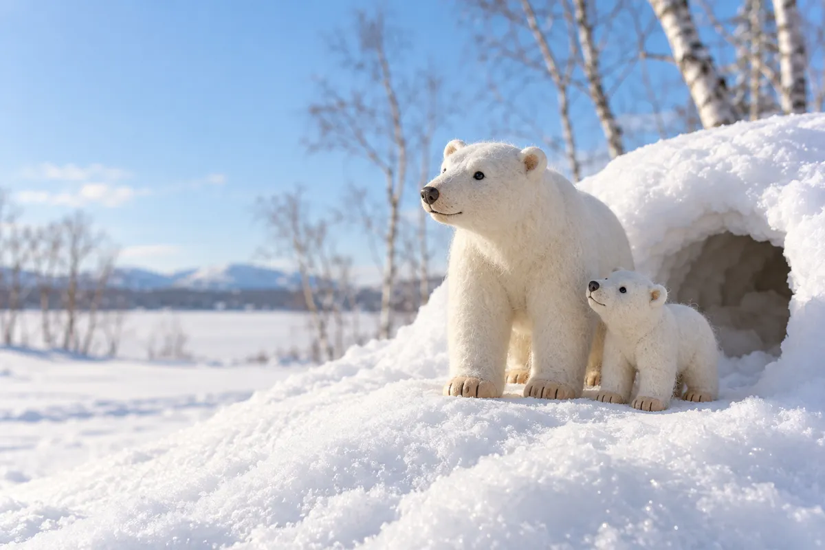 晴れた雪の上にいるホッキョクグマ親子のおもちゃ
