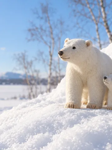 晴れた雪の上にいるホッキョクグマ親子のおもちゃ