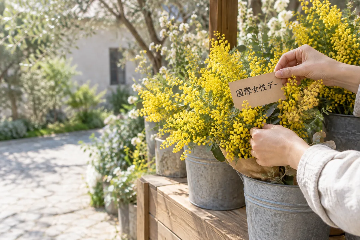 ミモザの花束に添えられた国際女性デーの手書きカード