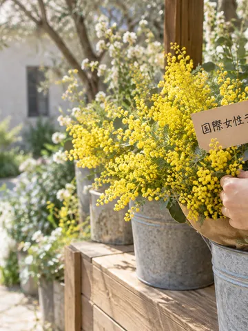 ミモザの花束に添えられた国際女性デーの手書きカード