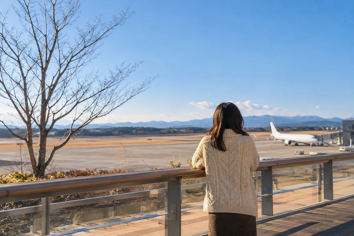 冬の晴れた日、展望デッキから旅客機を眺める後ろ姿