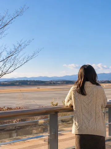 冬の晴れた日、展望デッキから旅客機を眺める後ろ姿