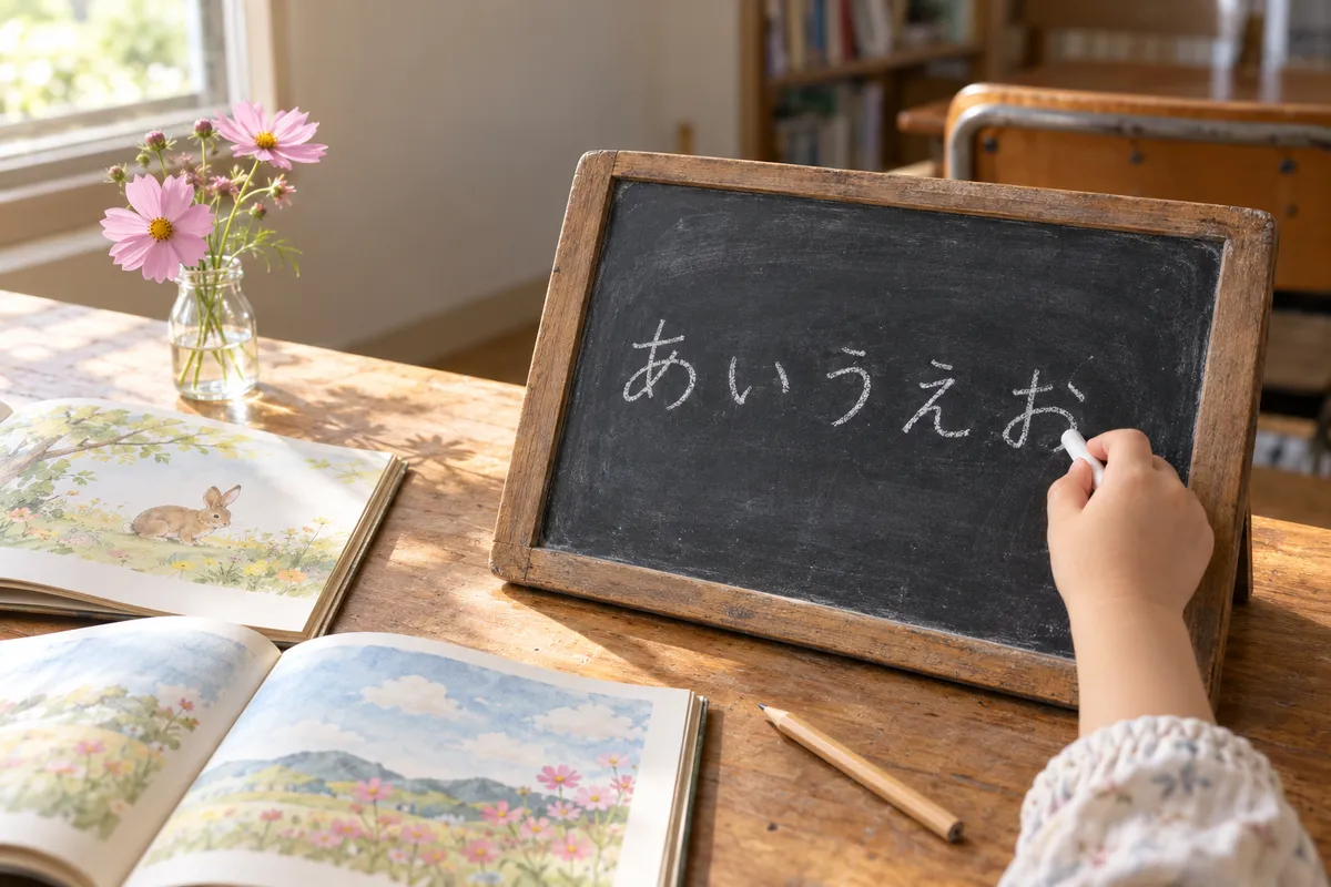 教室の机で黒板に「あいうえお」と書く子どもの手