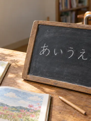 教室の机で黒板に「あいうえお」と書く子どもの手