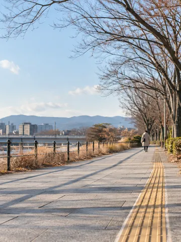 冬の晴れた歩道に続く黄色い点字ブロック