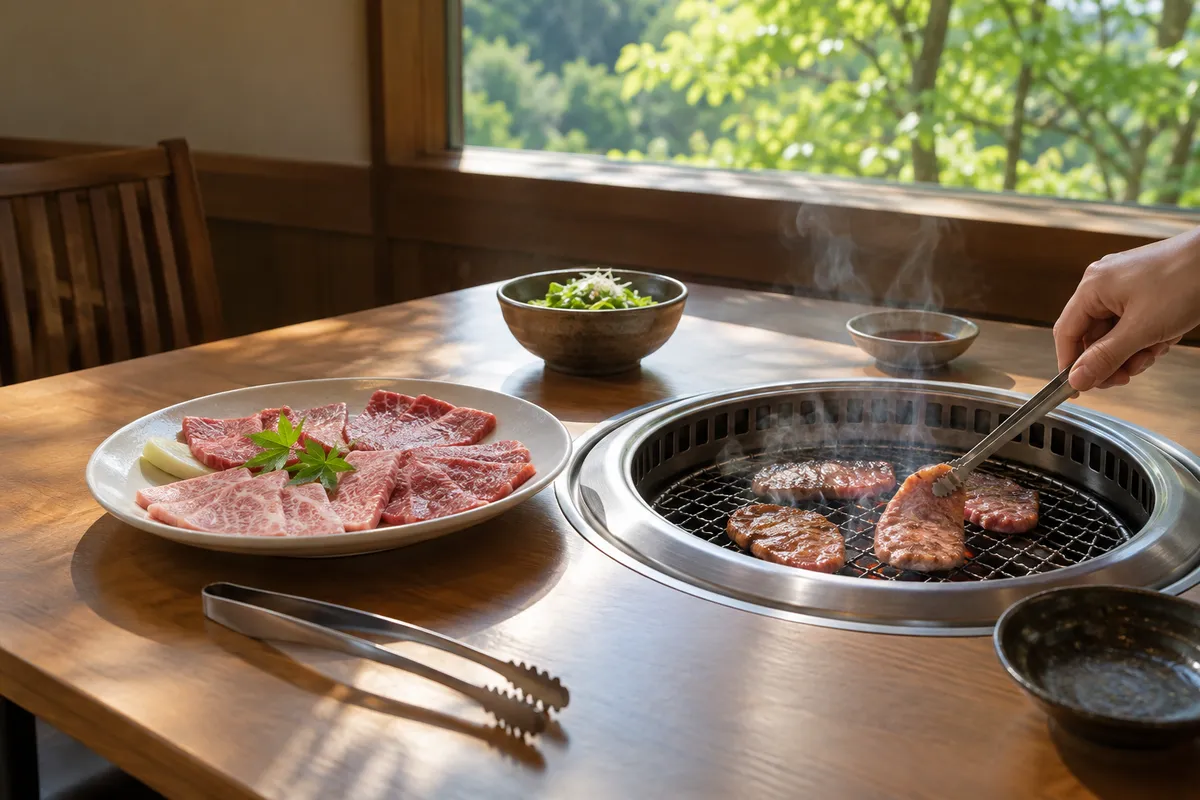 卓上の網で焼かれる国産牛と、部位ごとの肉の皿