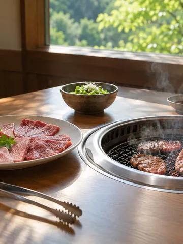 卓上の網で焼かれる国産牛と、部位ごとの肉の皿