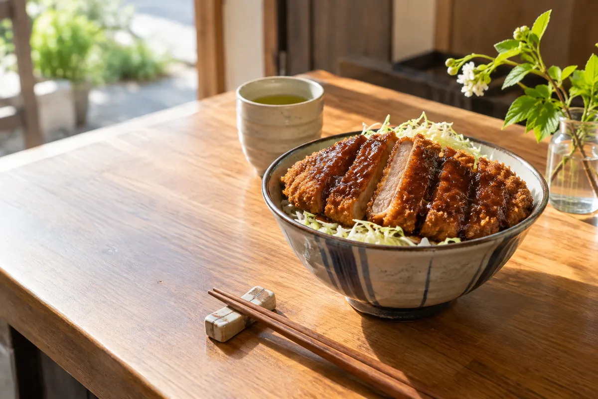 千切りキャベツとソースカツをのせた丼