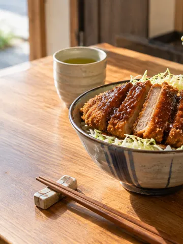 千切りキャベツとソースカツをのせた丼