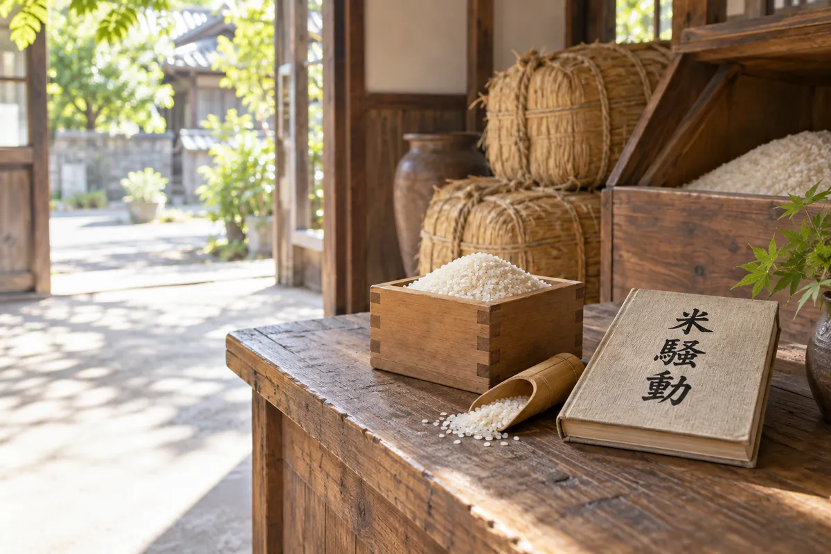 米と升、「米騒動」と書かれた本が置かれた米屋の店先