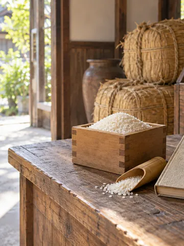 米と升、「米騒動」と書かれた本が置かれた米屋の店先