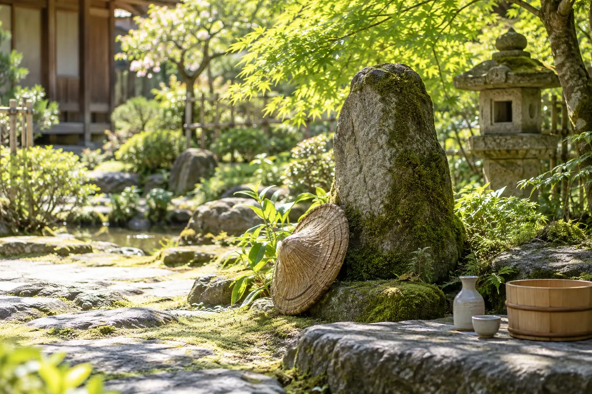 新緑の宿の庭に立つ石碑と旅の編み笠