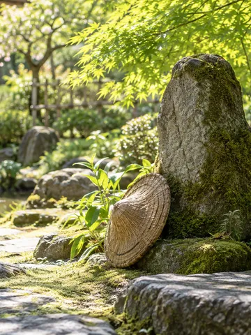 新緑の宿の庭に立つ石碑と旅の編み笠