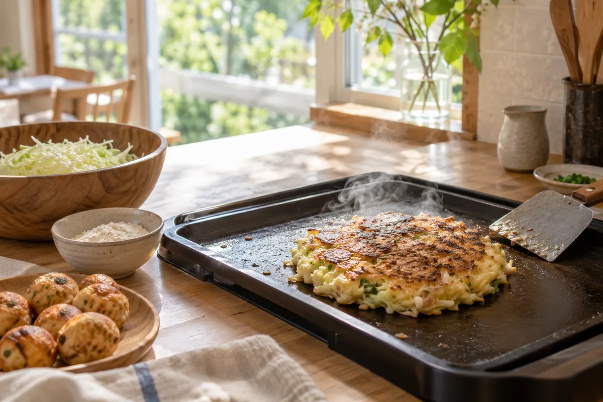 鉄板で焼いたお好み焼きと粉ものの材料