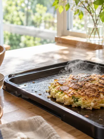 鉄板で焼いたお好み焼きと粉ものの材料