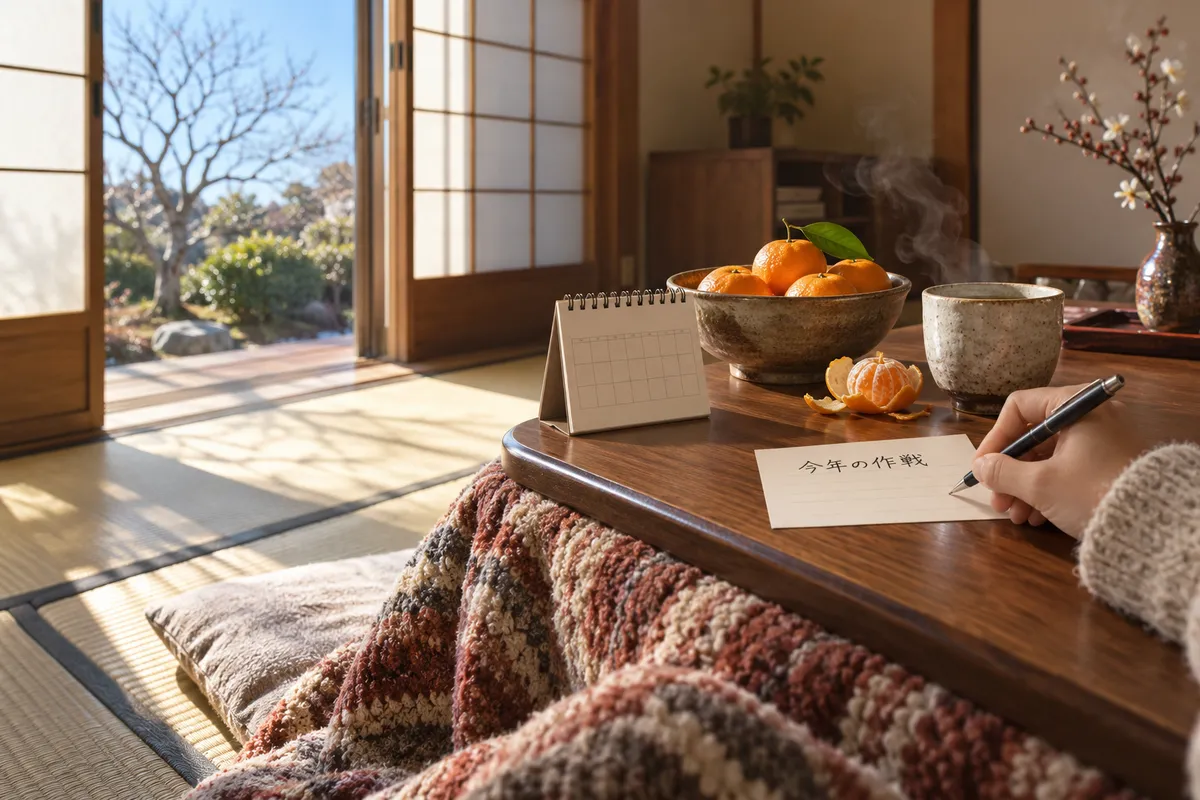 こたつの上のみかんと「今年の作戦」のメモ