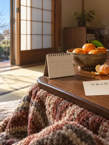 こたつの上のみかんと「今年の作戦」のメモ